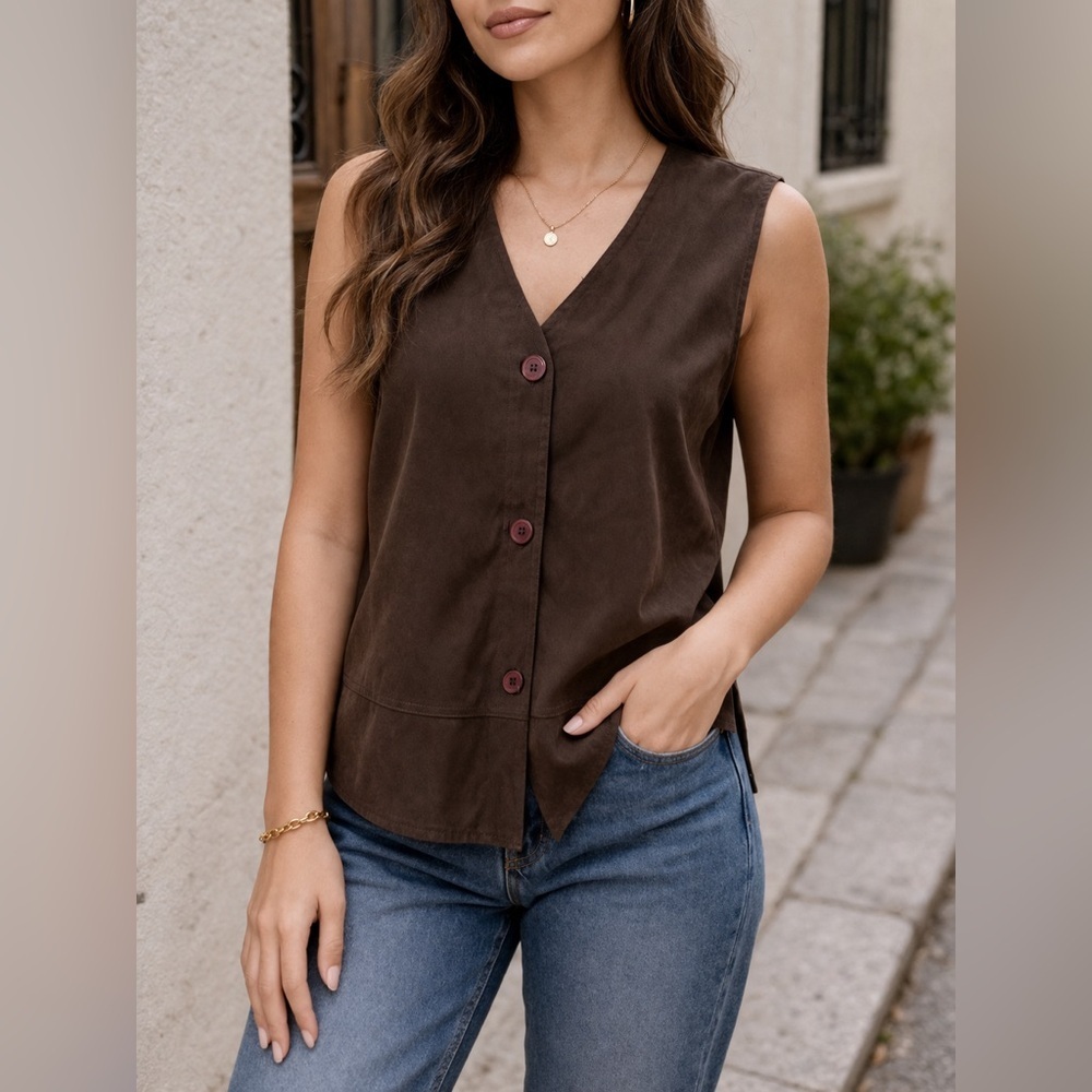 DENIM & CO Brown V-Neck Sleeveless  Large 96% polyester 4% spandex Button Front
